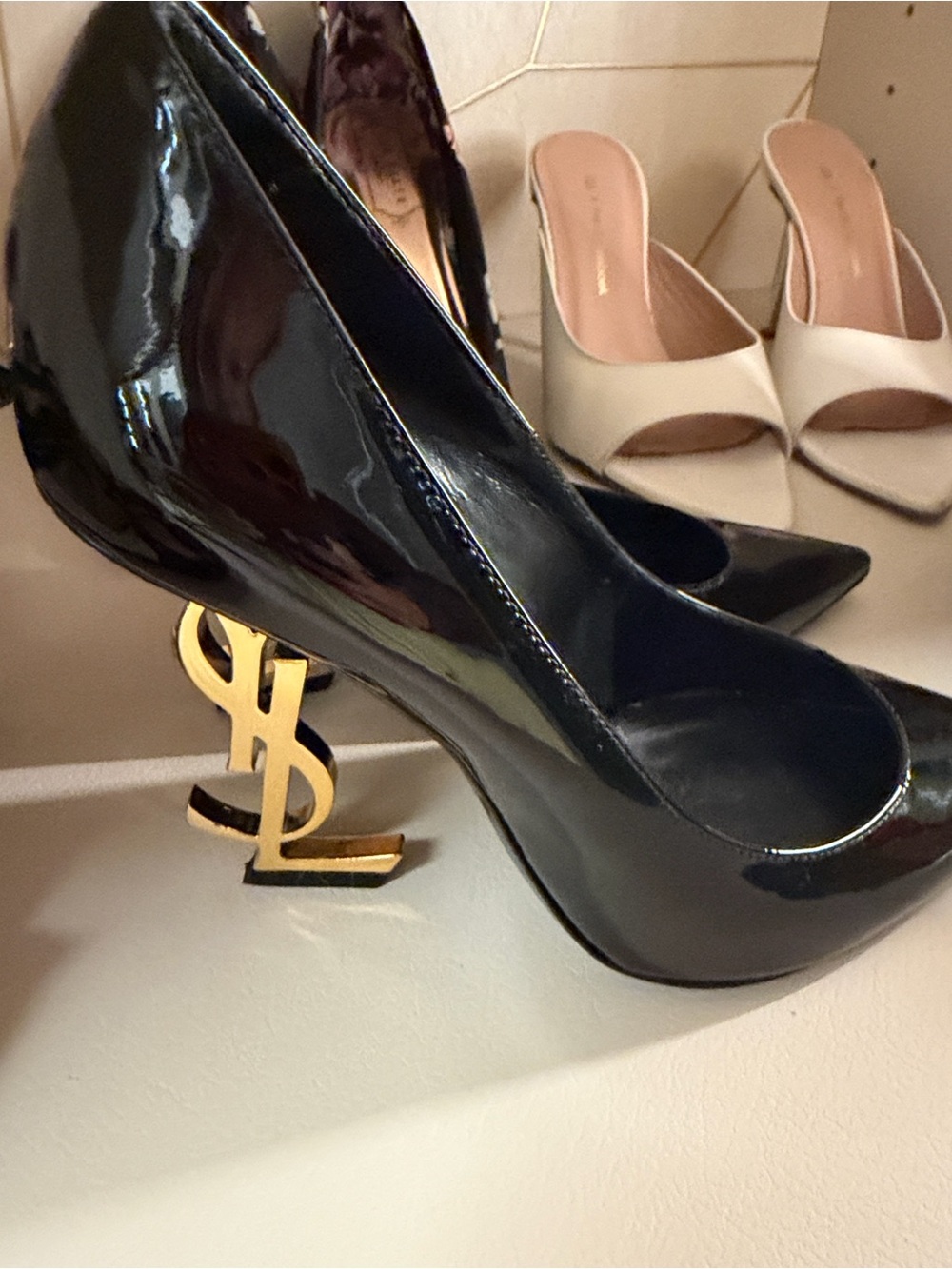 Saint Laurent Black Patent Pumps with Gold YSL Logo Heel